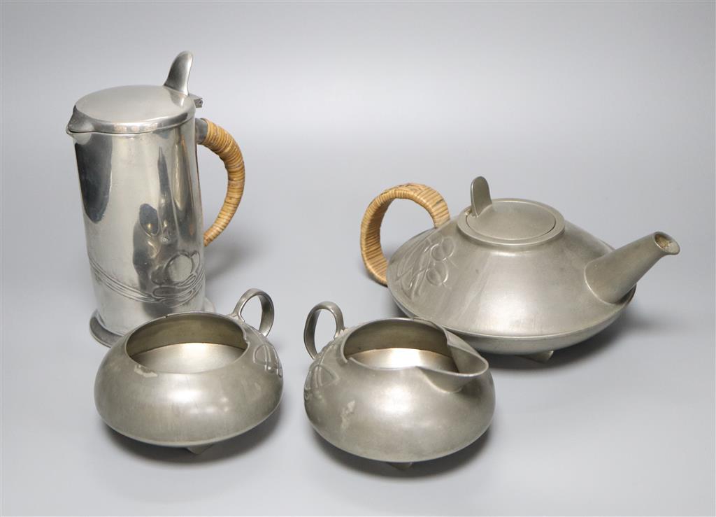 A Libertys Tudric four piece pewter tea set, shape no.0231 - the jug shape no.0281, 19cm